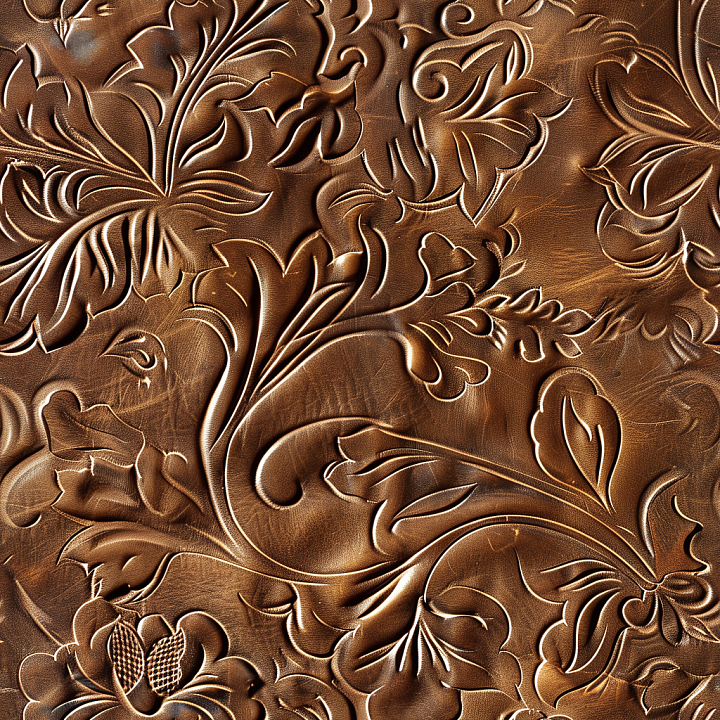 Embossed Brown Leather with Floral Pattern and Vintage Finish seamless PBR texture preview