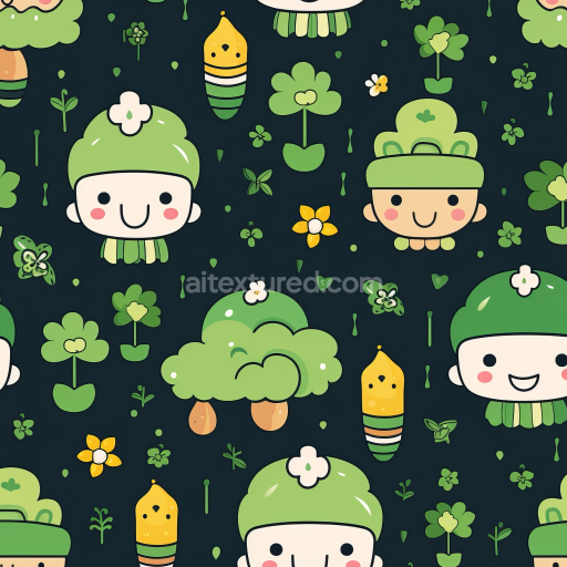 Seamless 3D PBR cute St Patrick digital paper texture with cartoon characters and clovers