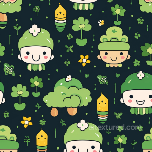 Cute St Patrick Digital Paper Texture With Cartoon Characters And Clovers seamless St patrick digital paper bundle PBR texture
