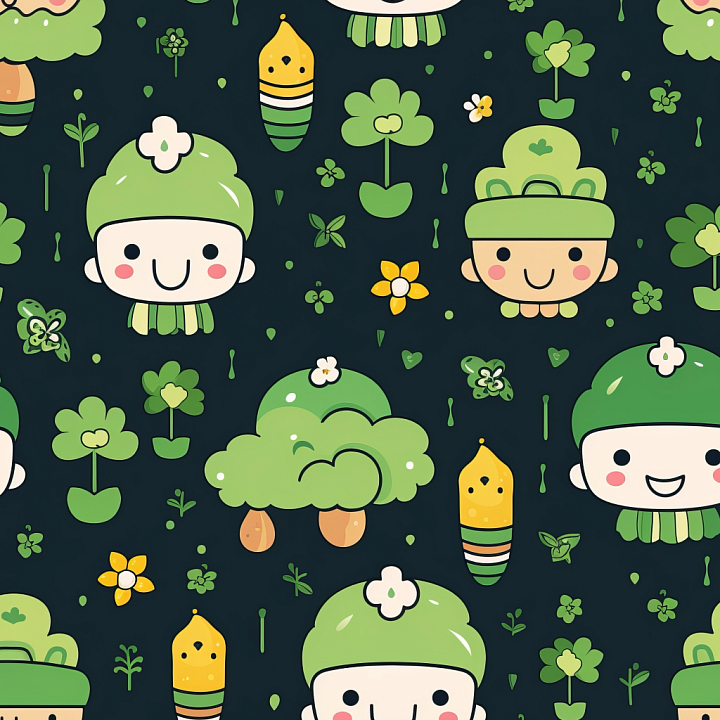 Cute St Patrick Digital Paper With Cartoon Characters And Clovers seamless PBR texture preview