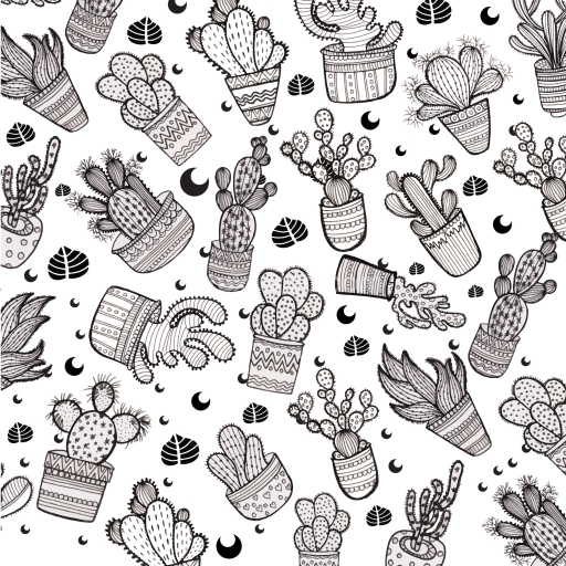 Seamless 3D PBR Texture with Black and White Hand-Drawn Cactus Pattern