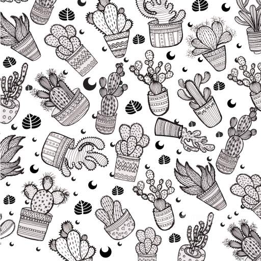 with Black and White Hand-Drawn Cactus Pattern seamless White & Black PBR texture