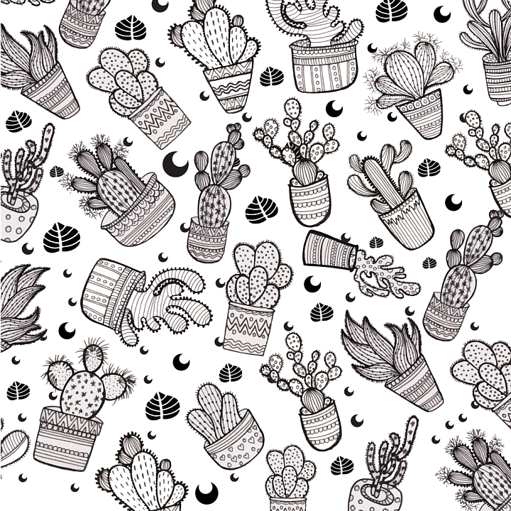 with Black and White Hand-Drawn Cactus Pattern seamless PBR texture preview