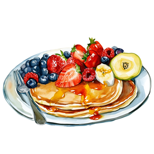 Watercolor Pancakes Breakfast with Fresh Mixed Berries and Syrup Illustration