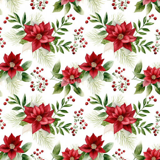 Seamless 3D PBR Watercolor Christmas Texture with Red Poinsettias and Greenery