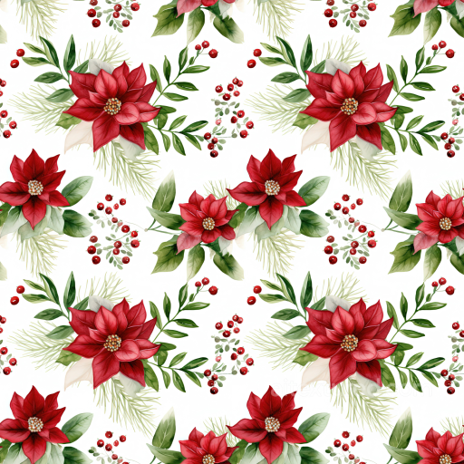 Watercolor Christmas Texture with Red Poinsettias and Greenery seamless Watercolor Christmas PBR texture
