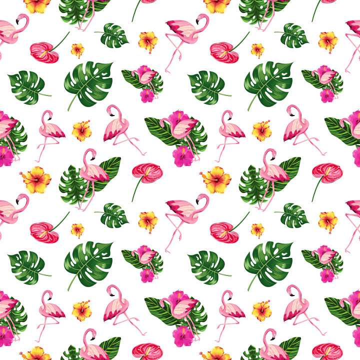 Pattern Featuring Tropical Flamingo, Hibiscus, and Leaf Motifs seamless PBR texture preview