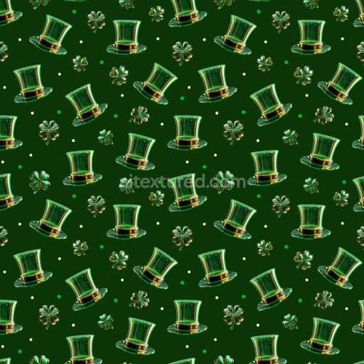 Seamless 3D PBR Texture Featuring Green St Patrick's Leprechaun Hats and Clovers