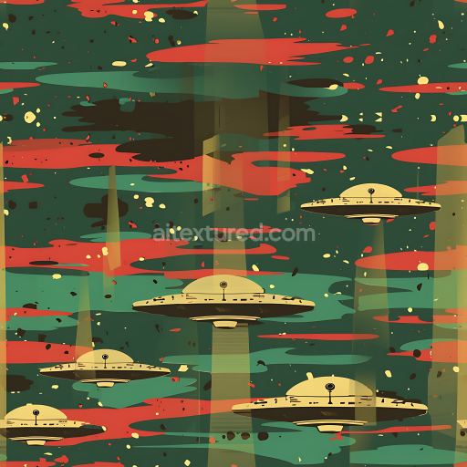 Seamless 3D Stylized UFO-themed Camouflage PBR Texture with Retro Space Motif