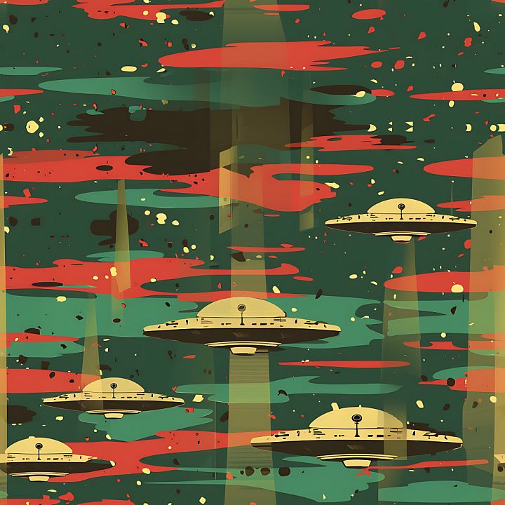Stylized UFO-themed Camouflage with Retro Space Motif seamless PBR texture preview