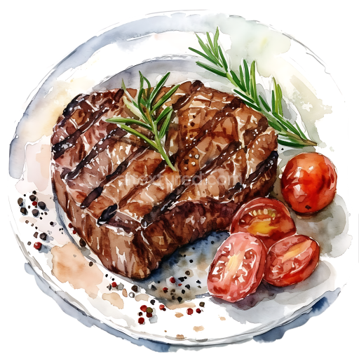 Watercolor Ribeye Beef Steak with Cherry Tomatoes and Rosemary Breakfast Illustration
