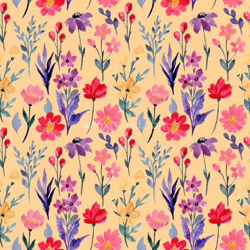 Seamless 3D PBR Texture Featuring Watercolor Floral Pattern on Soft Peach