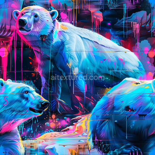 Seamless 3D PBR Graffiti Texture Featuring Neon-Colored Polar Bears on Urban Wall