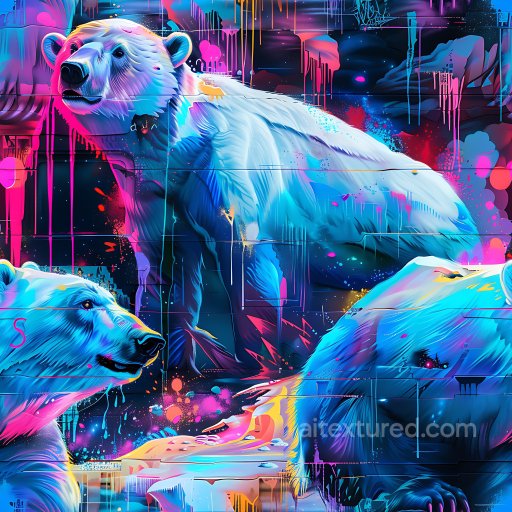 Seamless 3D PBR Graffiti Texture Featuring Neon-Colored Polar Bears on Urban Wall texture preview
