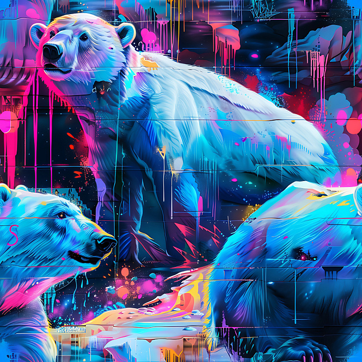 Graffiti Featuring Neon-Colored Polar Bears on Urban Wall seamless PBR texture preview