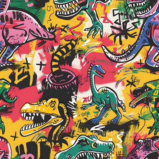 Seamless 3D PBR Graffiti Texture Featuring Colorful Dinosaur Artwork texture preview