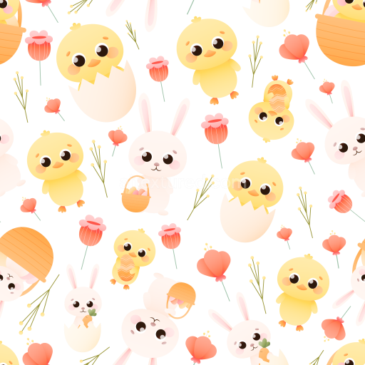 Seamless 3D PBR Texture of Cute Easter Bunnies and Chicks with Flowers