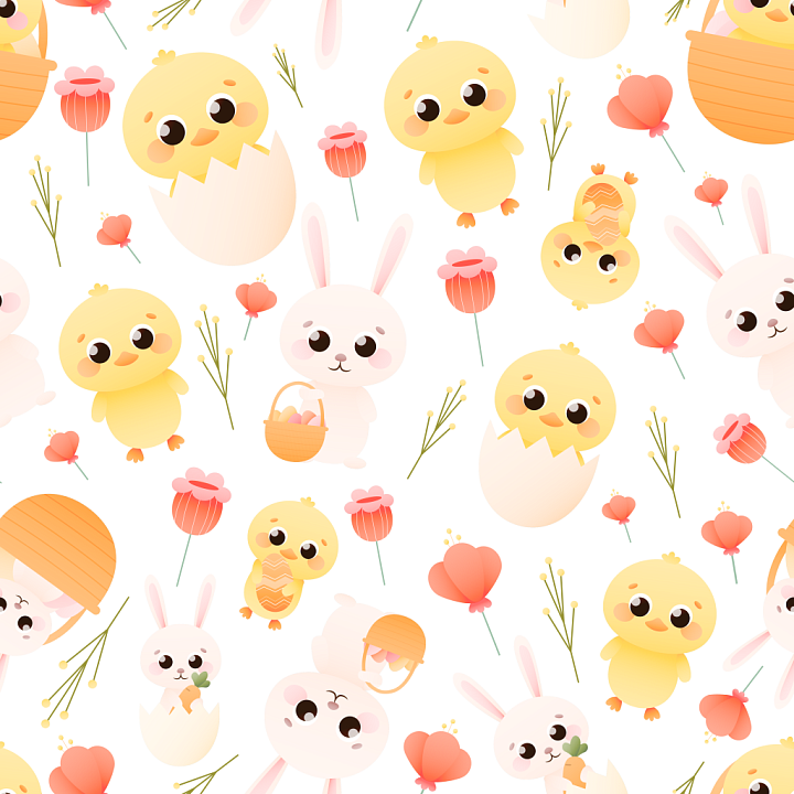 All Christmas Digital paper of Cute Easter Bunnies and Chicks with Flow… seamless PBR texture preview