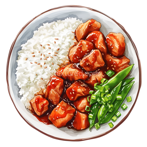 Chicken Teriyaki Breakfast Plate with Rice and Green Vegetables Illustration