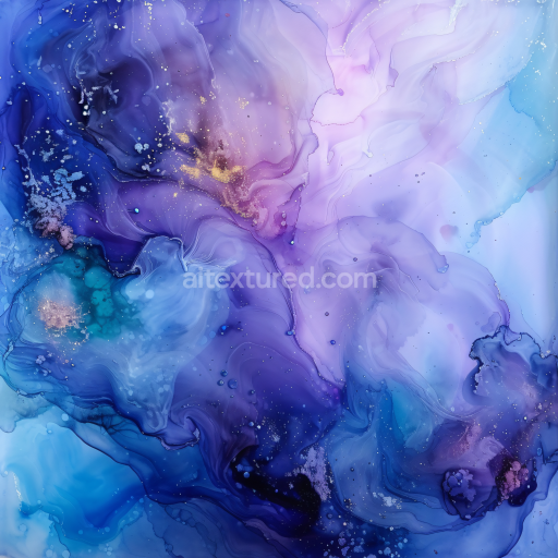 Seamless 3D Alcohol Ink PBR Texture Featuring Ethereal Blue and Violet Fluid Swirls with Gold Accents