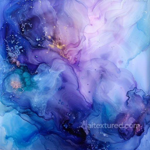 Alcohol Ink PBR Texture Featuring Ethereal Blue and Violet Fluid Swirls with Gold Accents seamless Alcohol ink PBR texture