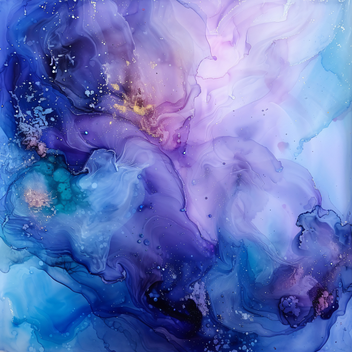 Alcohol Ink Featuring Ethereal Blue and Violet Fluid Swirls with Gold A… seamless PBR texture preview