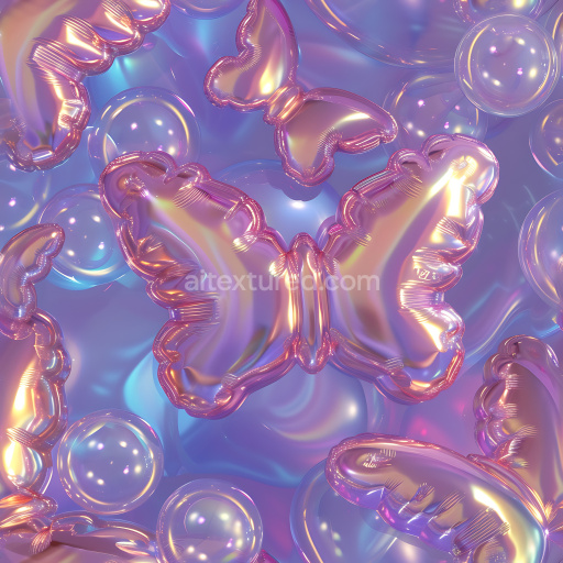 Seamless 3D Inflated PBR Texture Featuring Transparent Balloon Butterflies and Bubbles in Iridescent Pastel