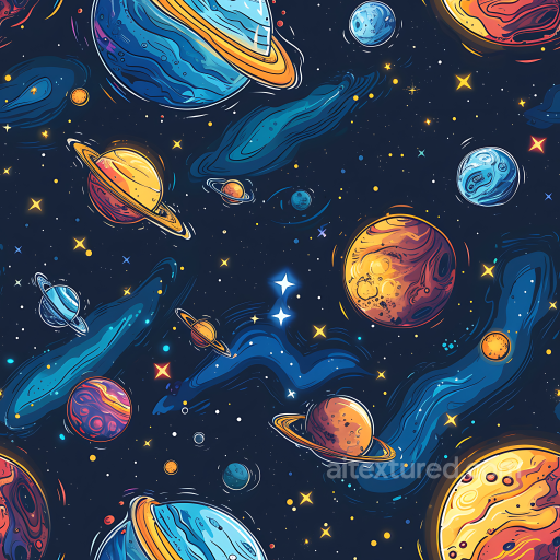 Stylized Space PBR Texture Featuring Planetary Bodies and Cosmic Gas Clouds seamless Star, space, planets PBR texture