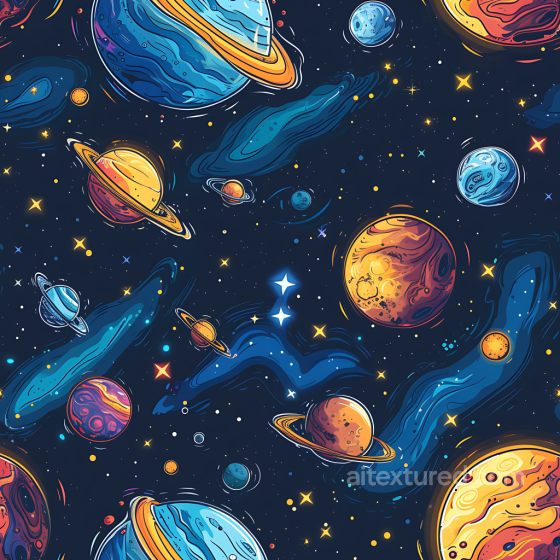 Stylized Space PBR Texture Featuring Planetary Bodies and Cosmic Gas Clouds Star, space, planets texture preview