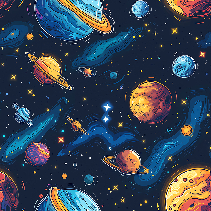 Stylized Space Featuring Planetary Bodies and Cosmic Gas Clouds seamless PBR texture preview