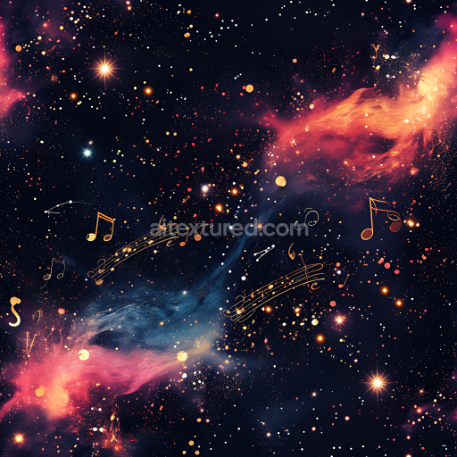 Seamless 3D Space PBR Texture Featuring Vibrant Cosmic Nebula and Golden Musical Notes