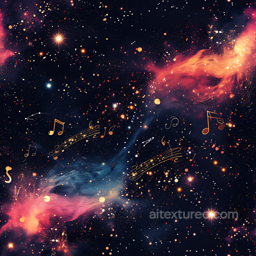 Space PBR Texture Featuring Vibrant Cosmic Nebula and Golden Musical Notes seamless Star, space, planets PBR texture