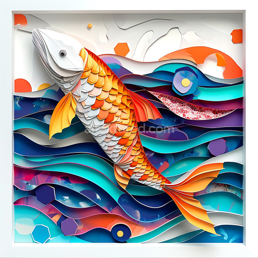 Seamless 3D PBR Texture of Vibrant Orange and White Fish Scales with Abstract Geometric Waves