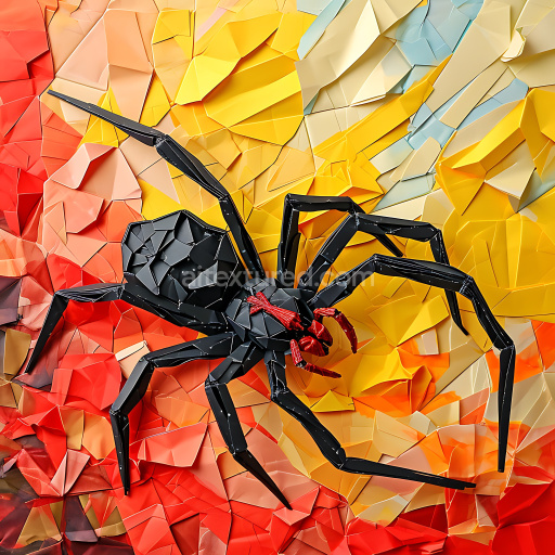Seamless 3D PBR Texture of Origami-Style Black Widow Spider with Geometric Colorful Background