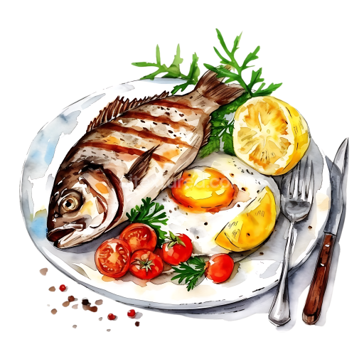Grilled Fish Steak Breakfast Plate with Fried Egg and Lemons - Watercolor Style