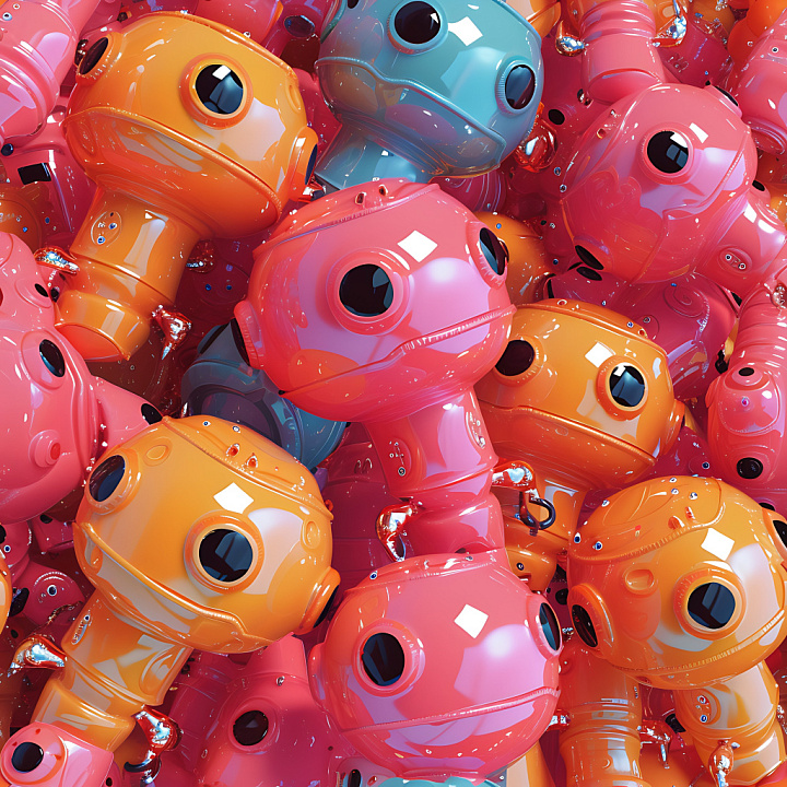 Inflated Glossy Vinyl Robot Head in Bright Orange and Pink seamless PBR texture preview