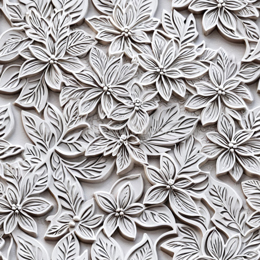 Seamless 3D embossed floral white leather PBR texture with detailed carvings