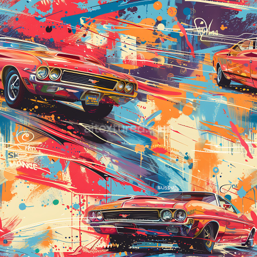 Seamless 3D PBR Texture Featuring Vibrant Graffiti with Retro Car Motif