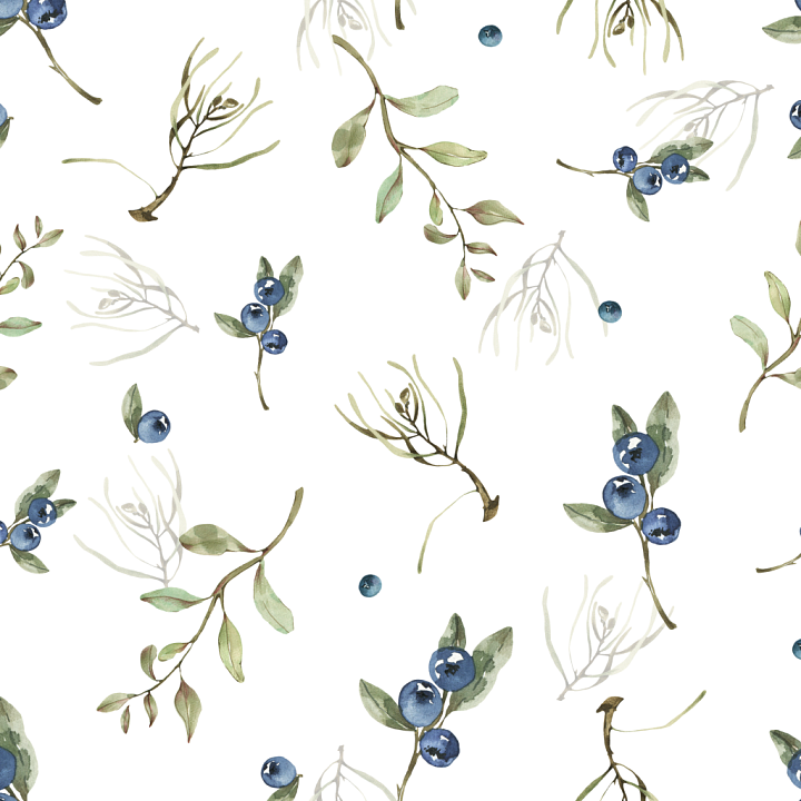 Watercolor Greenery of Watercolor Blueberry Branches with Leaves seamless PBR texture preview