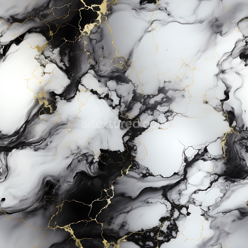 Seamless 3D Black and White Marble PBR Texture Featuring Fluid Veins and Gold Accents