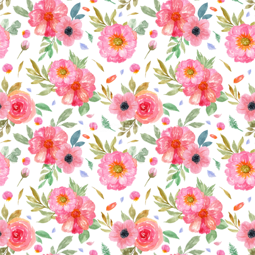 Seamless 3D PBR Pink Flower Watercolor Fabric Texture with Floral Pattern