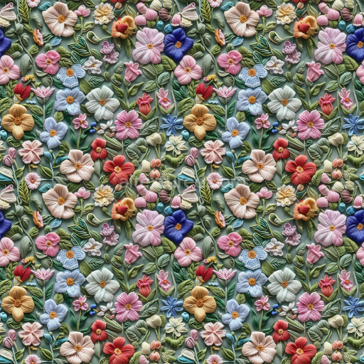 Seamless 3D PBR Texture of Colorful Embroidered Floral Fabric