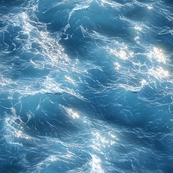 Realistic Ocean Surface Water with Sunlit Waves and Foam seamless PBR texture preview