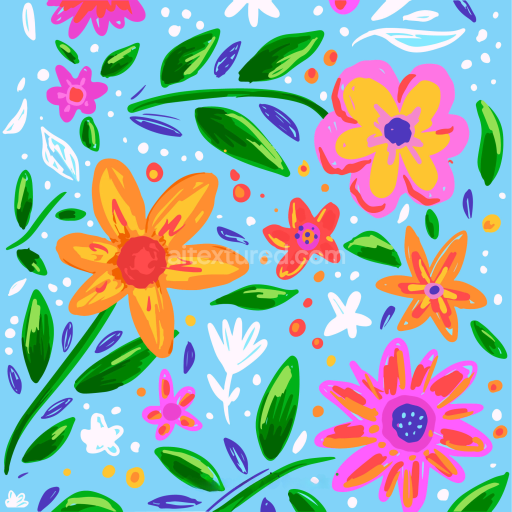 Seamless 3D PBR Texture of Vivid Hand-Drawn Floral Pattern on Light Blue