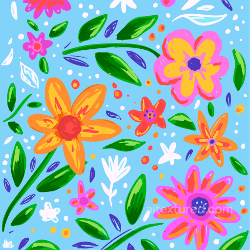 Embroidered Floral Texture of Vivid Hand-Drawn Floral Pattern on Light Blue seamless Embroidered floral PBR texture