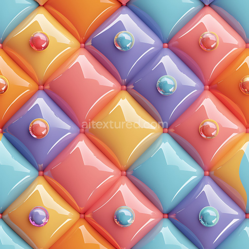 Seamless 3D Inflated PBR Texture Featuring Colorful Quilted Vinyl Panels with Glossy Spheres