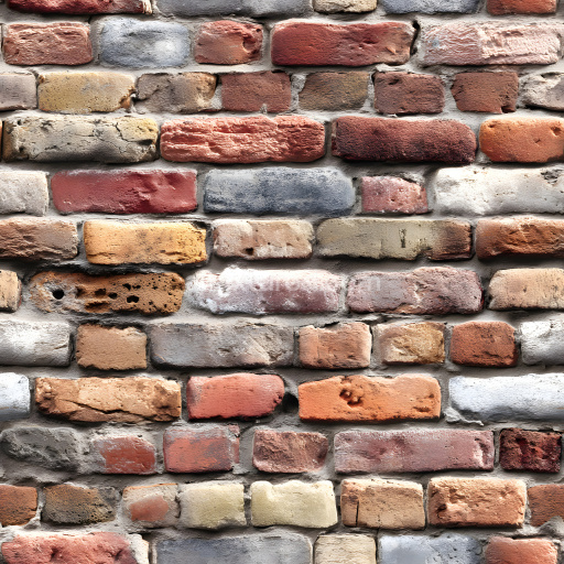 Seamless 3D PBR Texture of Cracked Multicolor Brick Wall with Realistic Wear