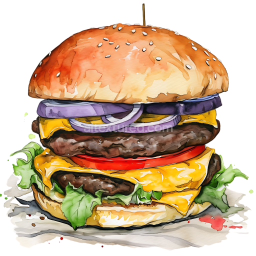 Watercolor Double Cheeseburger Breakfast Illustration with Fresh Veggies