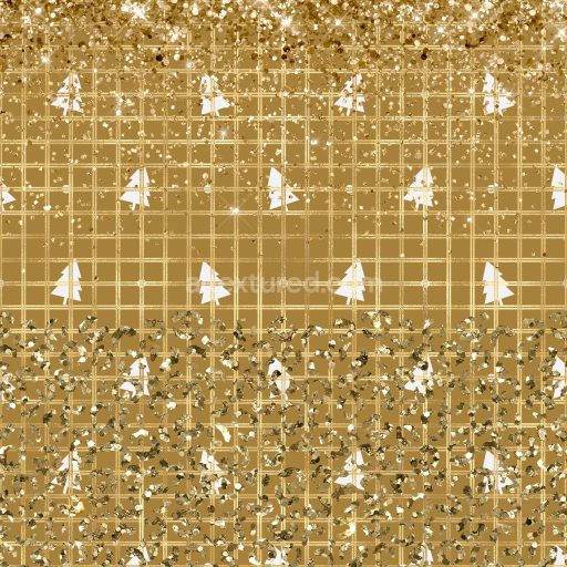 Seamless 3D PBR Texture of Gold Glitter Grid with White Christmas Trees
