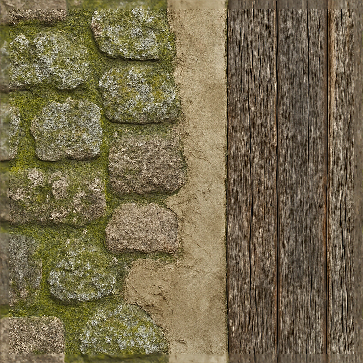 Stone Wall Fence With Moss Covered And Lichen Growth On Plaste… seamless PBR texture preview